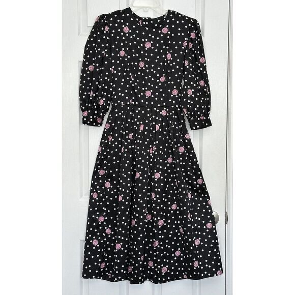 VTG Lang Originals USA Pinup Dress Rockabilly Black White Polka Dot Roses Size 4 - Picture 1 of 13